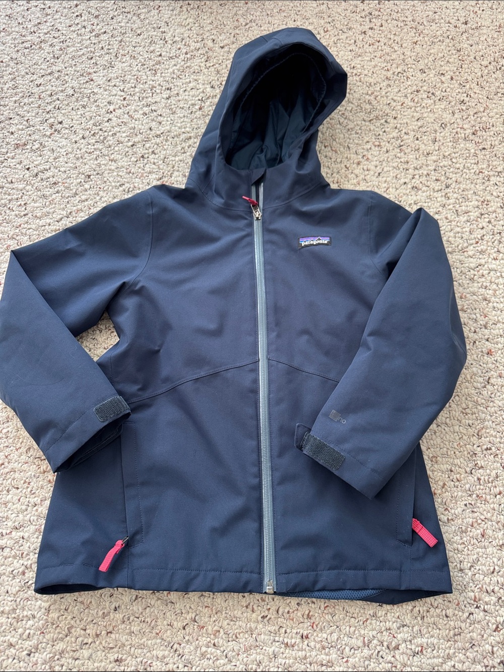 Patagonia Kids Navy Hooded Raincoat with Pink Zipper Tabs